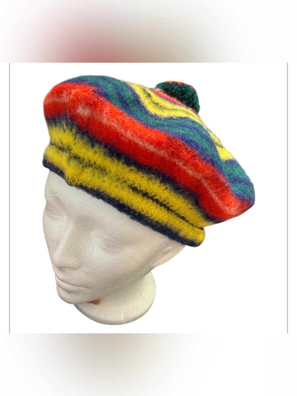 Vintage Scottish Striped Multicolor Wool Beret with Pom
